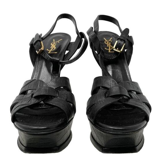 Saint Laurent Tribute 120 Embossed Leather Platform Sandals Black 40.5 - Picture 4 of 11